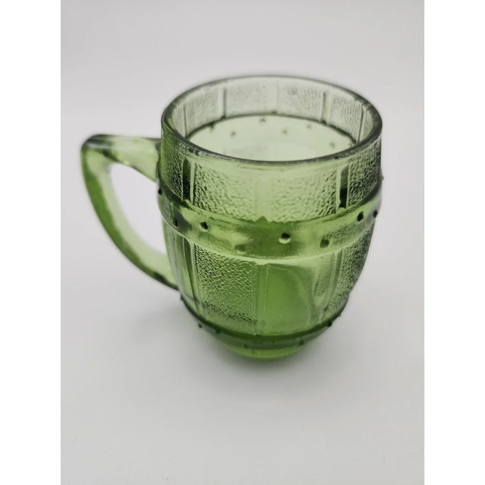 Vintage green glass mini whiskey barrel toothpick holder and shot glass 2.5